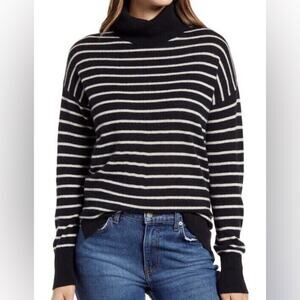 Halogen Black White Striped Turtleneck 100% Cashmere Sweater Size XS